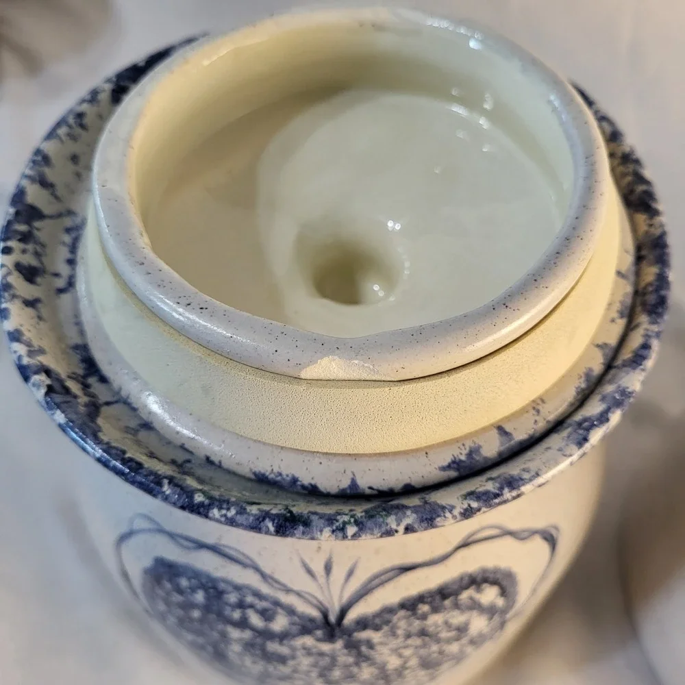 Set of 3 Country Blue Hearts Sponge Stoneware Canister Set Cottagecore